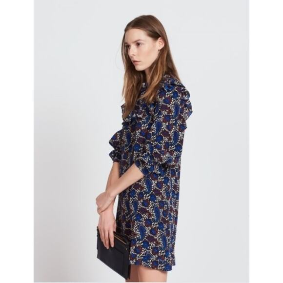 Sandro Paris Silk Paisley Mini Shift Dress in Blue Print Size 2 - Picture 4 of 11